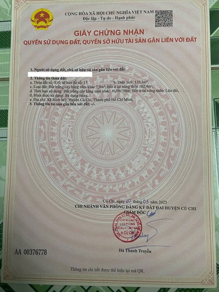 Đất thổ cư chính chủ 110.3m² xã Bình Mỹ, Củ Chi - Giá chỉ 2.2 tỷ VND, thương lượng!