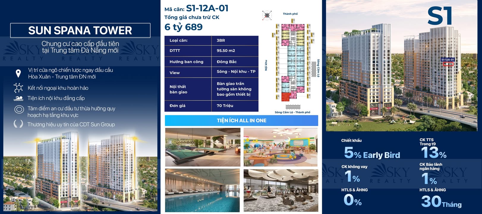 Căn hộ Spana Tower Đà Nẵng 102m² giá 5 tỷ - Hàng hiếm góc view sông tuyệt đẹp!