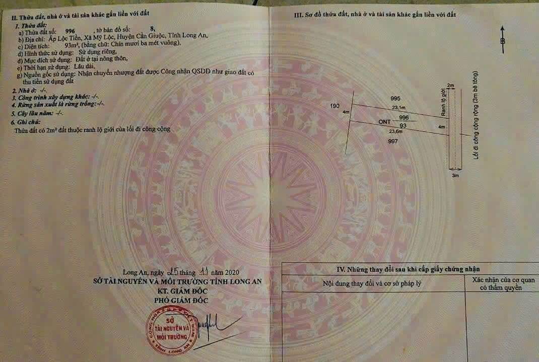 Đất thổ cư 112.5m² tại Ấp Lộc Tiền, Cần Giuộc giá 980 triệu - Cơ hội đầu tư tuyệt vời!