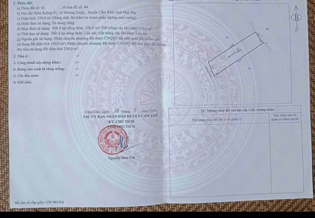 Đất thổ cư 330m² tại Hương Lung, Cẩm Khê - Giá chỉ 900 triệu VND!