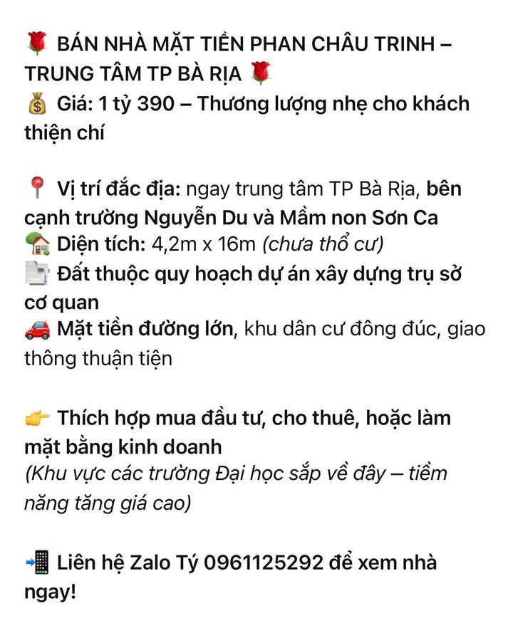 Nhà mặt tiền Phan Châu Trinh, Bà Rịa – 67m² giá 1.39 tỷ - Tiềm năng kinh doanh cao!
