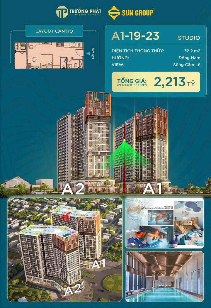 Căn hộ Sun Cora Tower Đà Nẵng 32.2m² giá 1.8 tỷ - View sông cực đẹp!