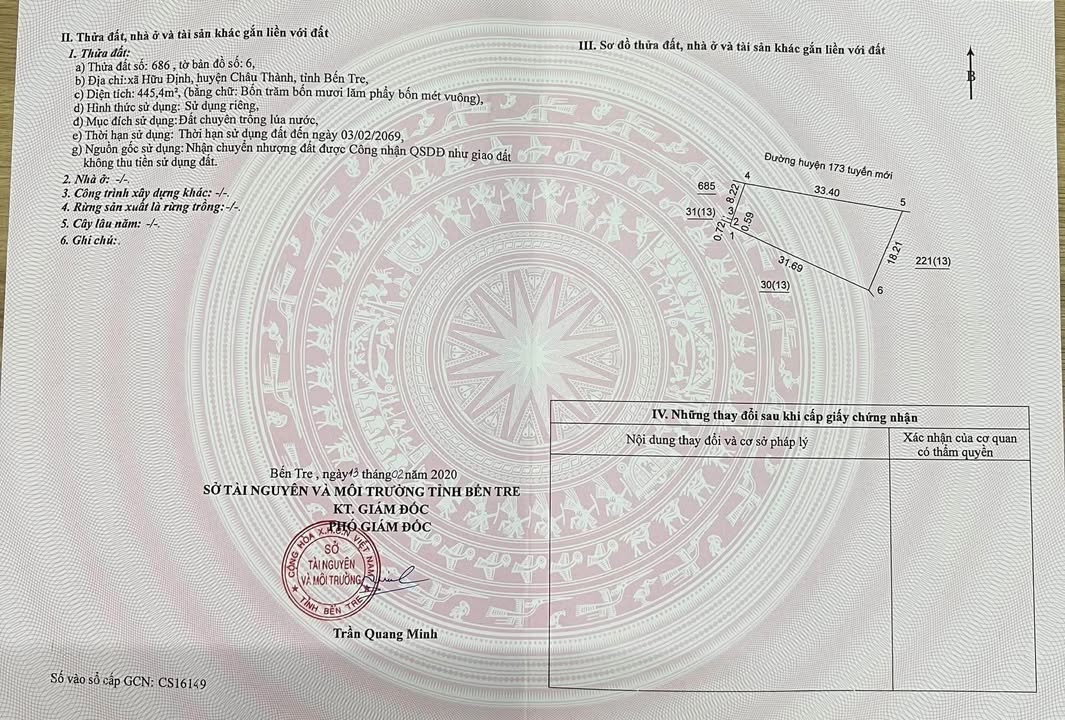 Đất mặt tiền đường 173, Phú Tân, Bến Tre 445m² - Giá chỉ 2.7 tỷ, thương lượng nhẹ!