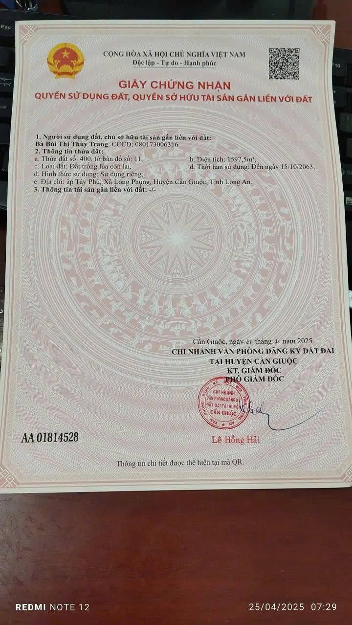 Đất nông nghiệp 1597m² tại Long Phụng, Cần Giuộc giá 1.4 tỷ - Chính chủ bán gấp!