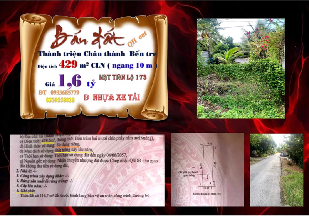 Đất nền Thành Triệu - Châu Thành, Bến Tre 429.5m² giá 1.6 tỷ - Đầu tư sinh lời!