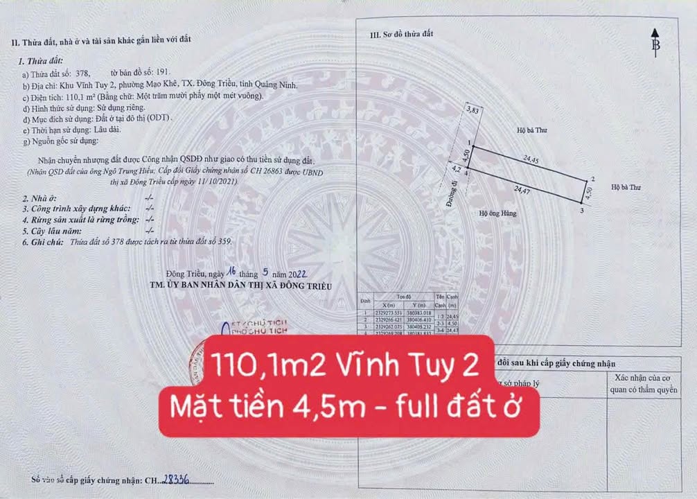 Đất nền Mạo Khê 110m² giá 1.3 tỷ - Sổ đỏ chính chủ, mặt tiền 4.5m!