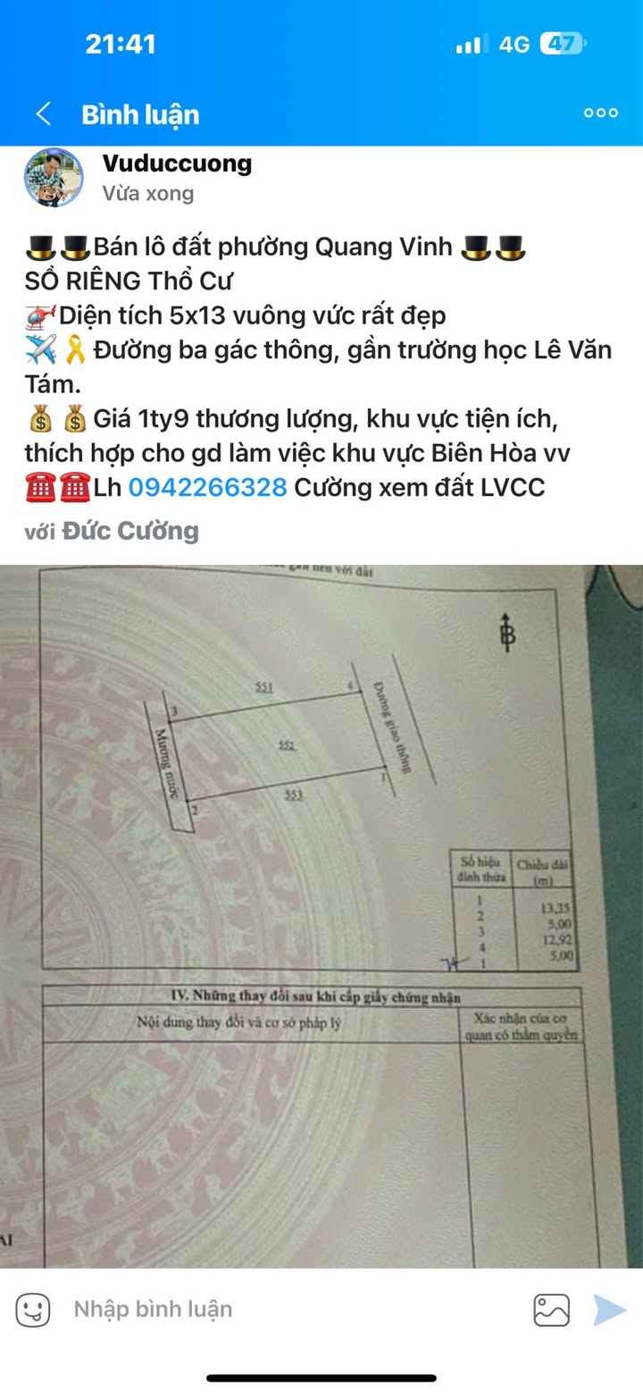 Đất thổ cư Quang Vinh, Biên Hoà 65m² giá 1.9 tỷ - Sổ đỏ chính chủ