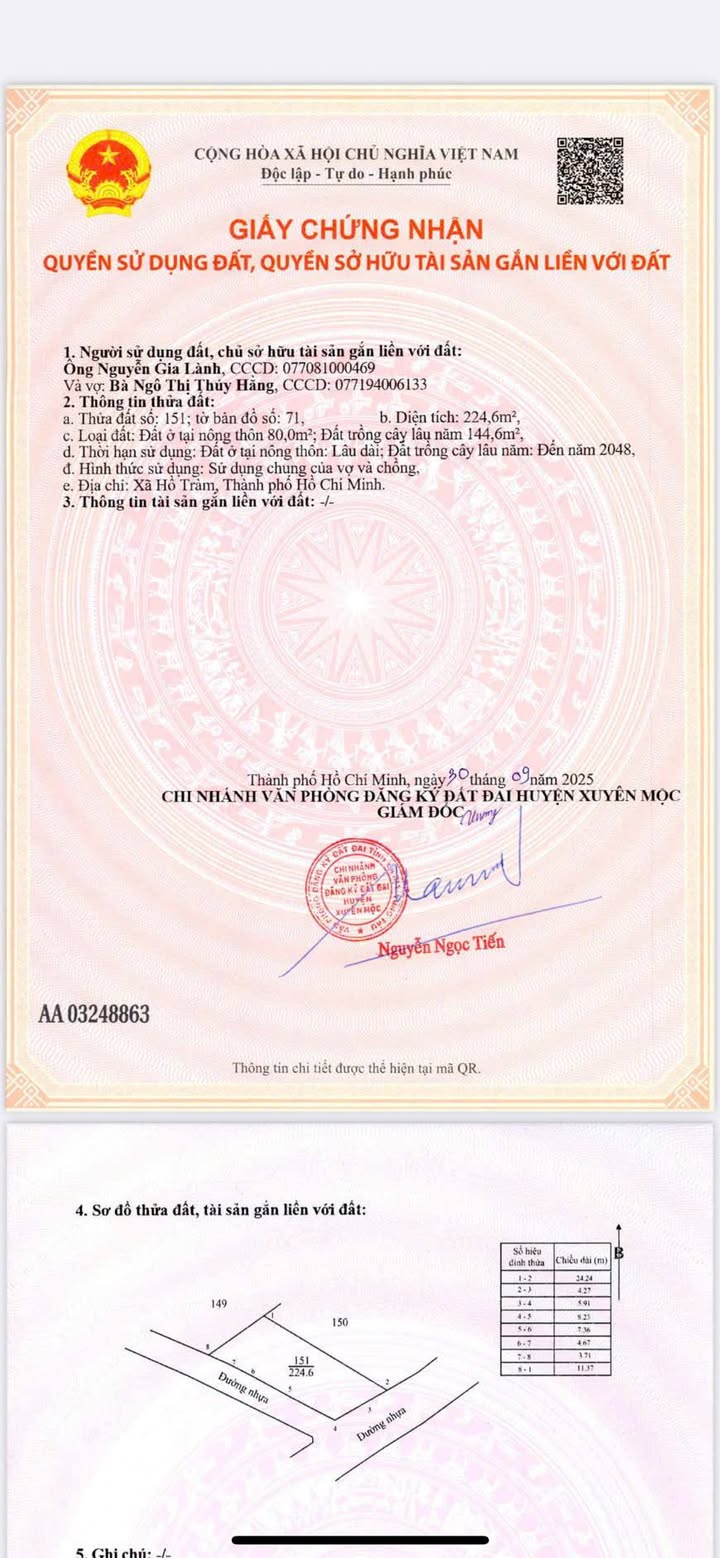 Đất nền Phước Bửu, Xuyên Mộc 240m² giá 2.4 tỷ - Nở hậu, hai mặt tiền!