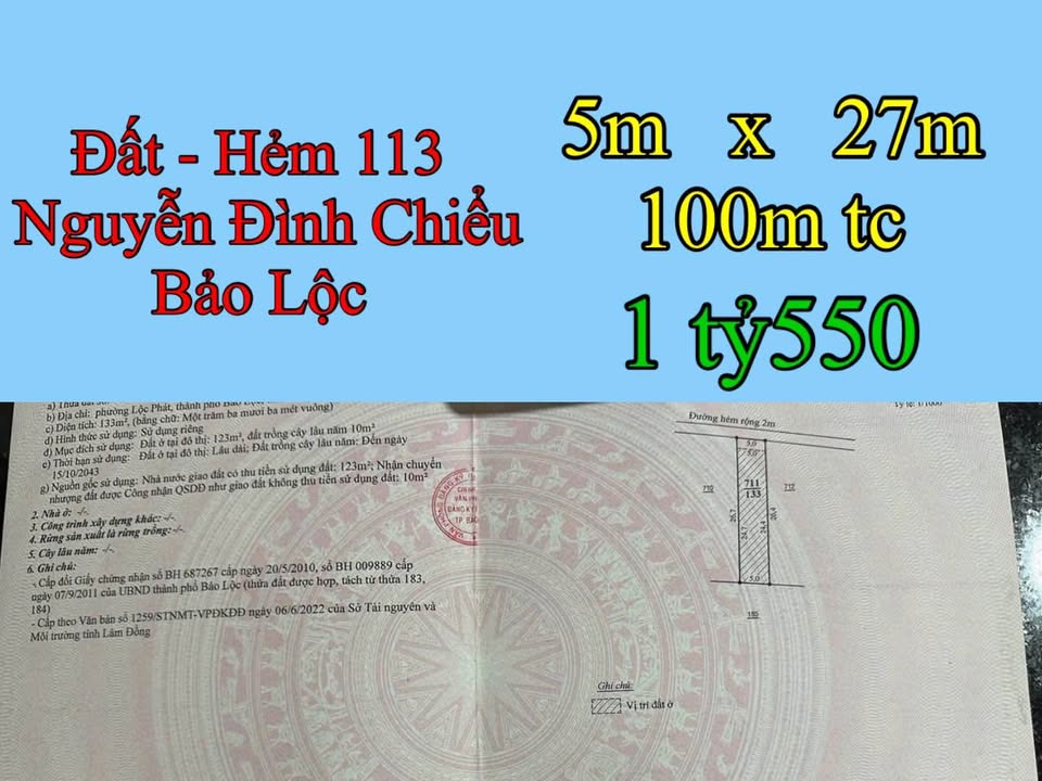 Đất hẻm 113 Nguyễn Đỉnh Chiểu, Bảo Lộc 135m² giá 1.55 tỷ - Đầu tư tiềm năng!
