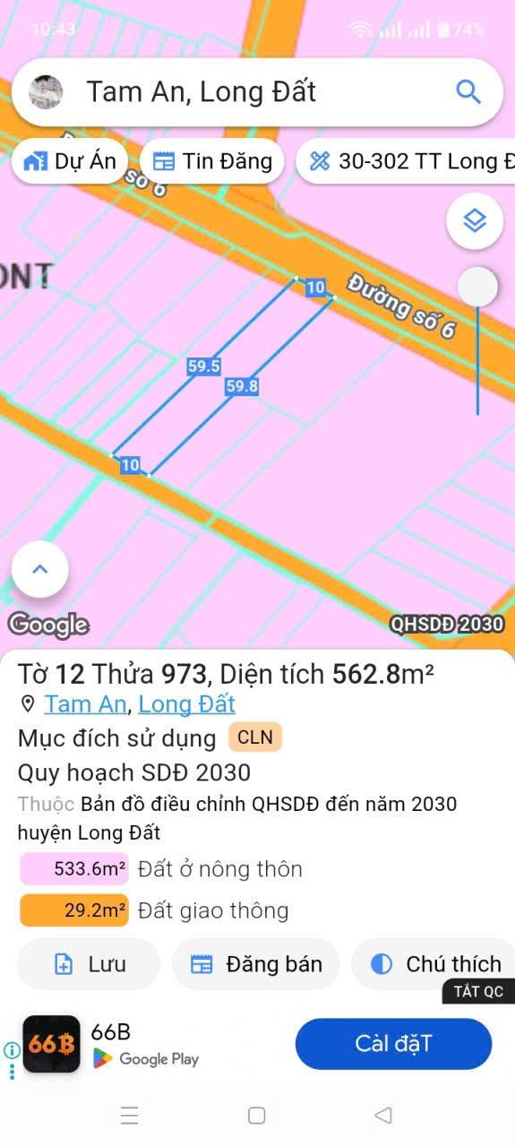 Đất nền 2 mặt tiền đường Số 6, xã Tam An, Long Điền 598m² - Đầu tư sinh lời ngay!