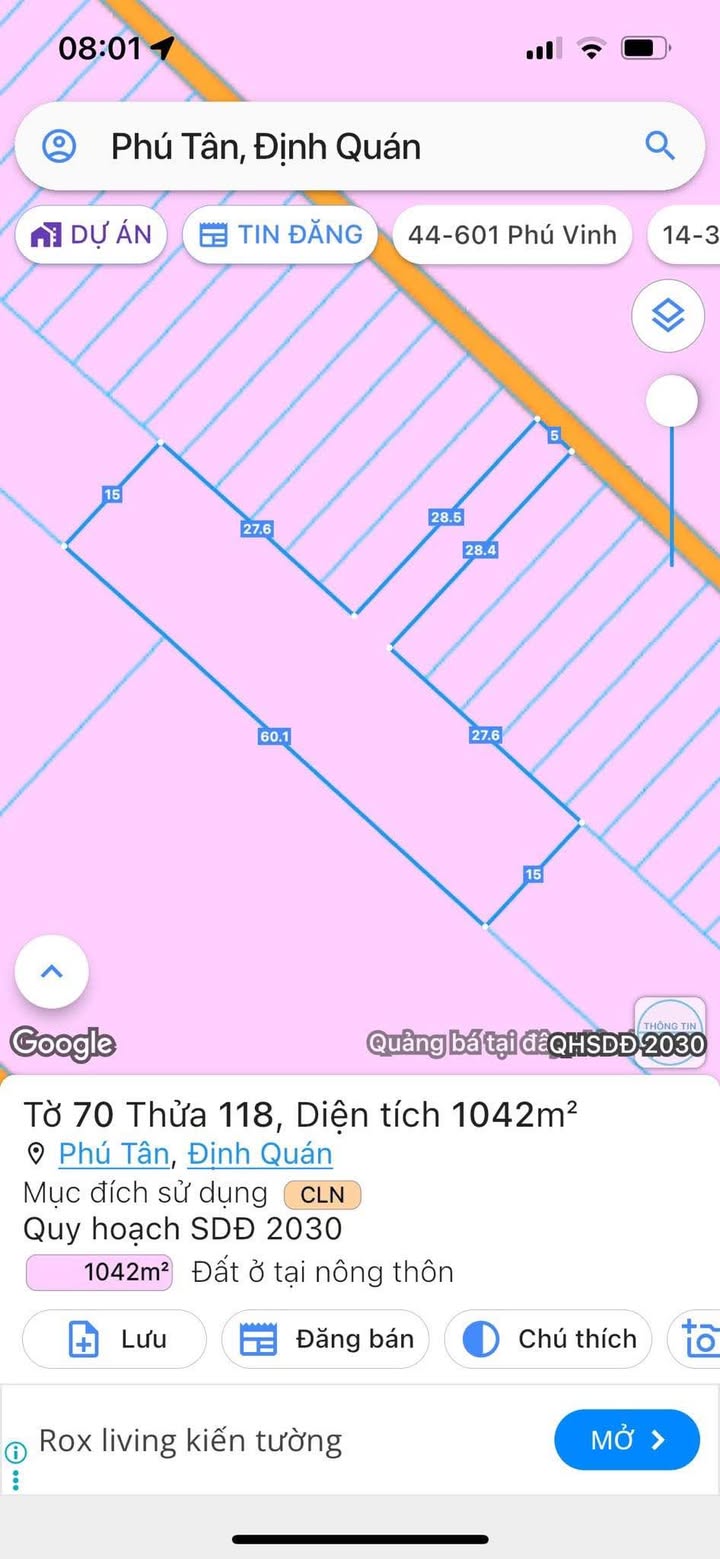 Đất nền 1 sào tại xã Phú Vinh, Định Quán - Giá chỉ 800 triệu, mặt tiền 5m