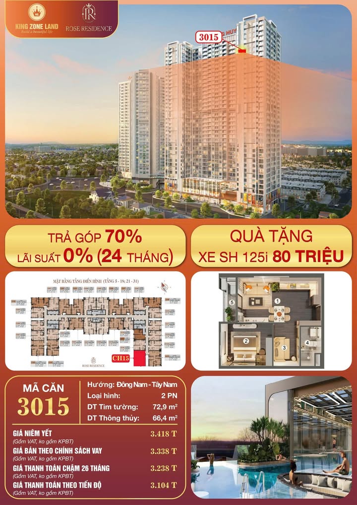 Căn hộ Rose Residence Lê Chân 66m² giá 3.1 tỷ - Căn góc view Đông Nam