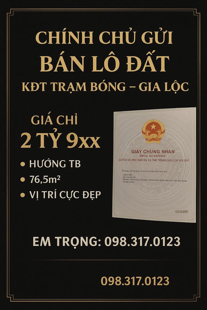 Đất nền KĐT Trạm Bóng - Gia Lộc 76.5m² giá 2.9 tỷ - Đầu tư sinh lời cao!