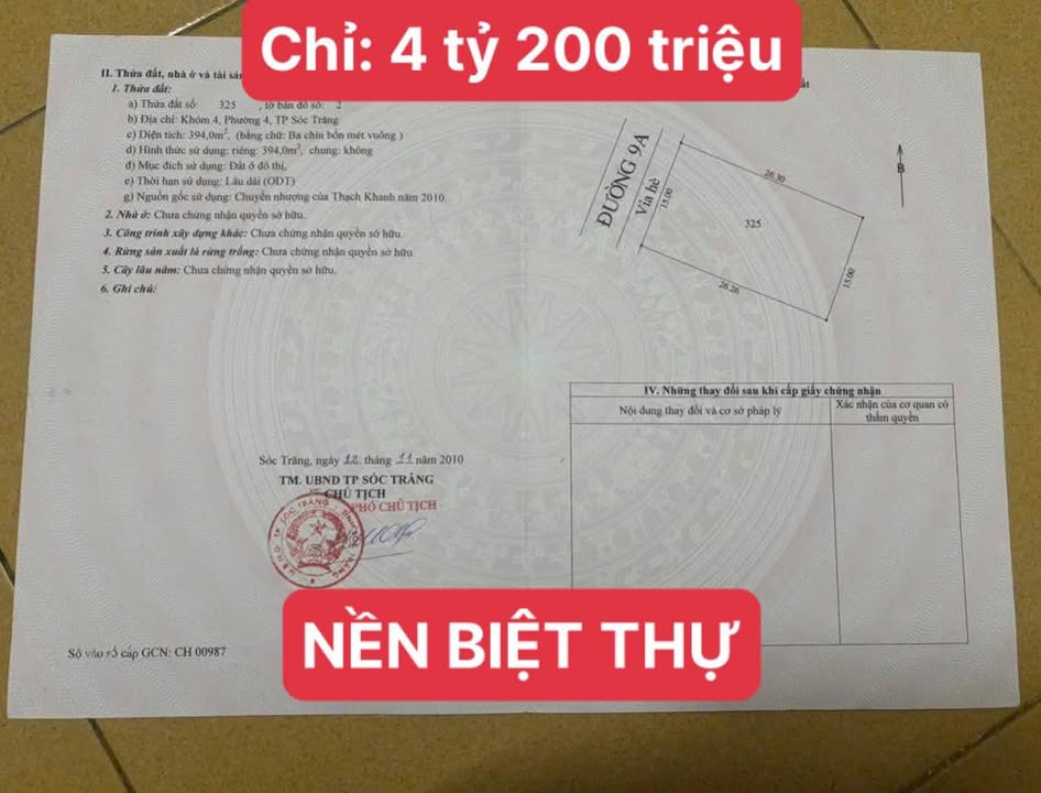 Đất nền biệt thự Đường 9A, Sóc Trăng 397.5m² giá 4.2 tỷ - Đầu tư sinh lời ngay!