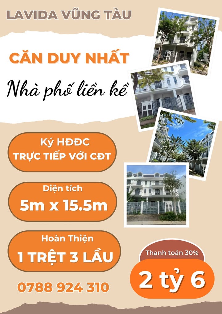 Nhà phố LaVida Vũng Tàu 75m² giá 6.1 tỷ - Sở hữu ngay với 30% thanh toán!