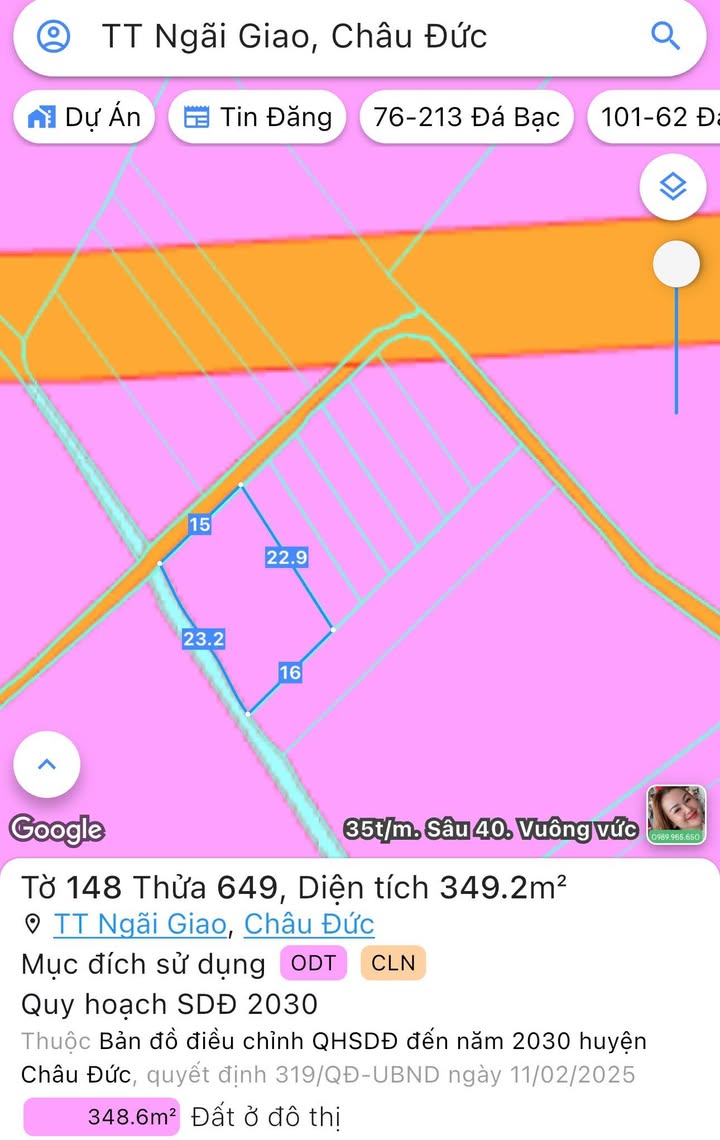 Đất nền chính chủ Ngãi Giao Châu Đức 345m² giá 1.6 tỷ - Mặt tiền đường bê tông