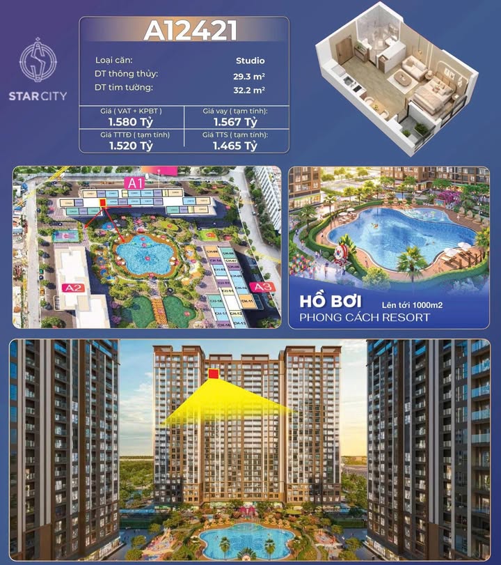 Căn hộ Studio Star City Thanh Hóa 29.3m² giá 1.3 tỷ - View hồ bơi resort đẳng cấp!