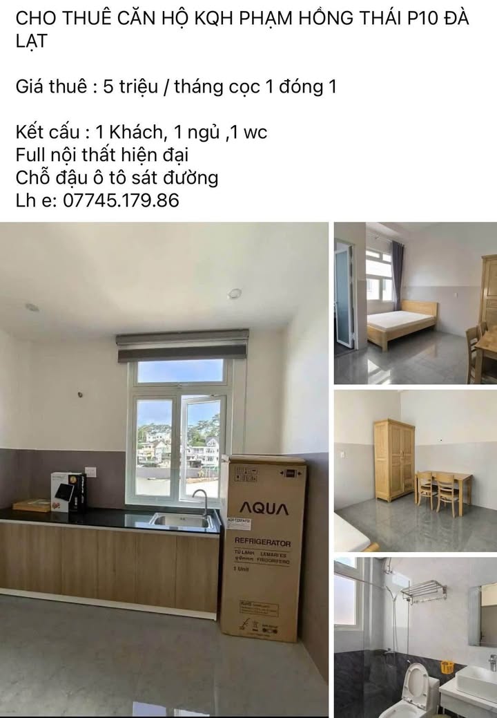 Căn hộ cho thuê khu quy hoạch Phạm Hồng Thái Đà Lạt 5 triệu - Full nội thất hiện đại!