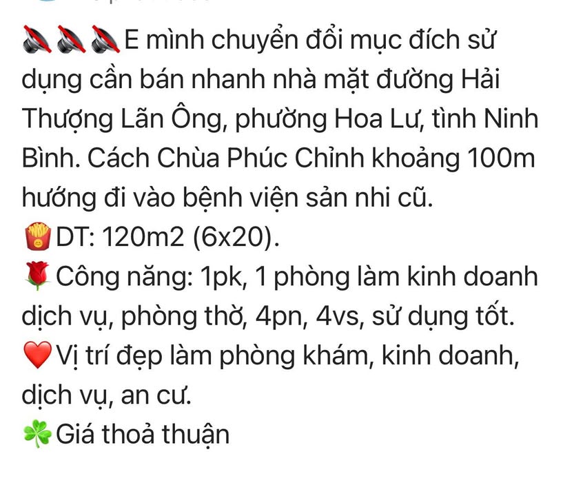 Nhà mặt đường Hải Thượng Lãn Ông, Ninh Bình 120m² - Vị trí đẹp phù hợp kinh doanh