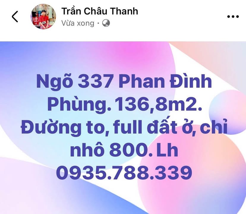 Đất nền tại Ngõ 337 Phan Đình Phùng, 136,8m² giá 800 triệu - Cơ hội đầu tư hấp dẫn!