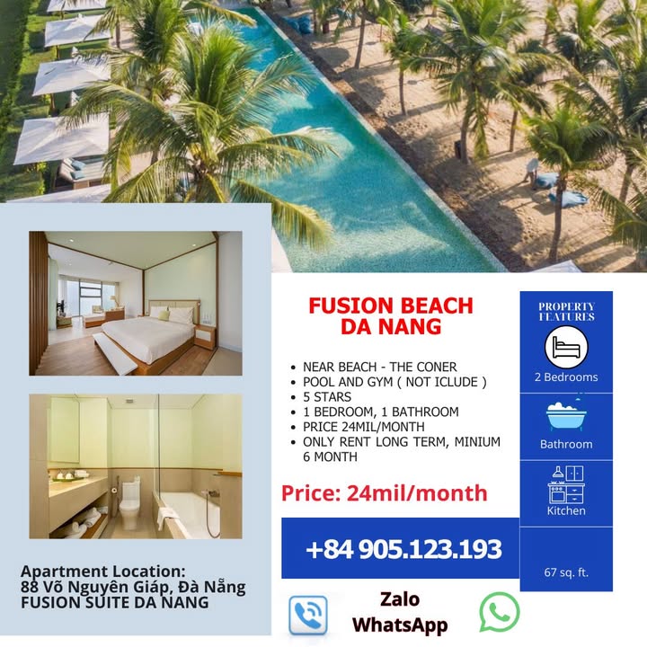 Căn hộ góc Fusion Suite Đà Nẵng 67m² giá 24 triệu - Cuộc sống bên bờ biển tuyệt vời!
