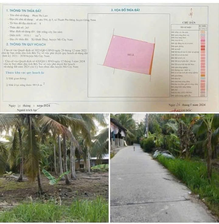 Đất thổ cư Định Thủy, Mỏ Cày Nam 1012m² giá 1.1 tỷ - Sổ hồng chính chủ!