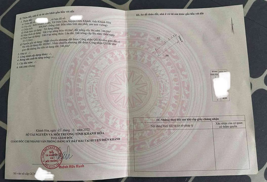 Đất thổ cư Diên Lâm - Huyện Diên Khánh 406.6m² giá 950 triệu - Bán gấp!