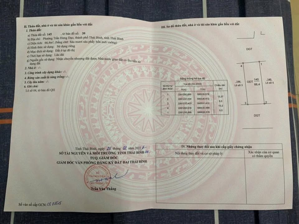 Đất nền phường Trần Hưng Đạo, Thái Bình 66.4m² - Vị trí đắc địa, ô tô tránh nhau