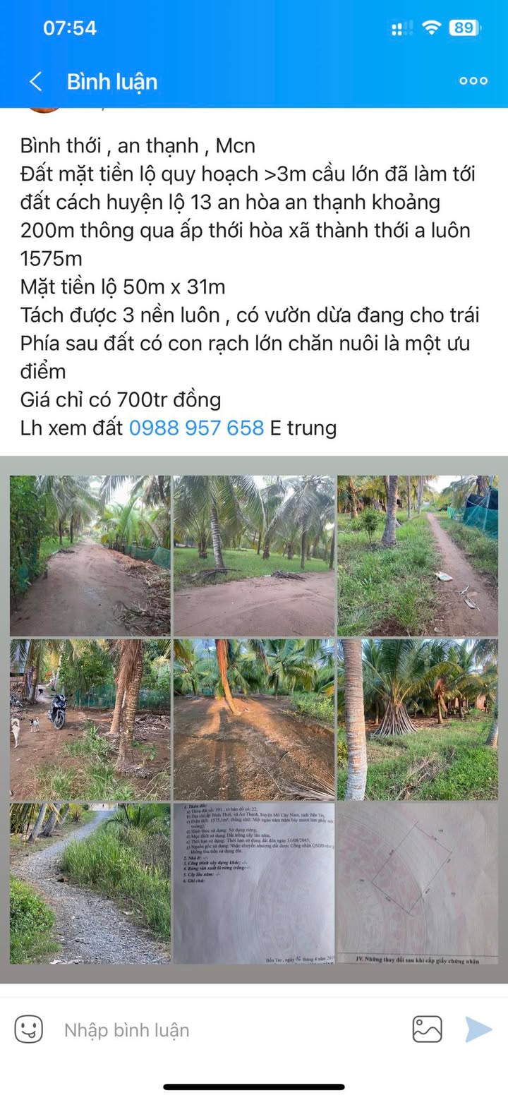 Đất mặt tiền lộ An Thạnh, Mỏ Cày Nam 1575m² chỉ 650 triệu - Cơ hội đầu tư tuyệt vời!