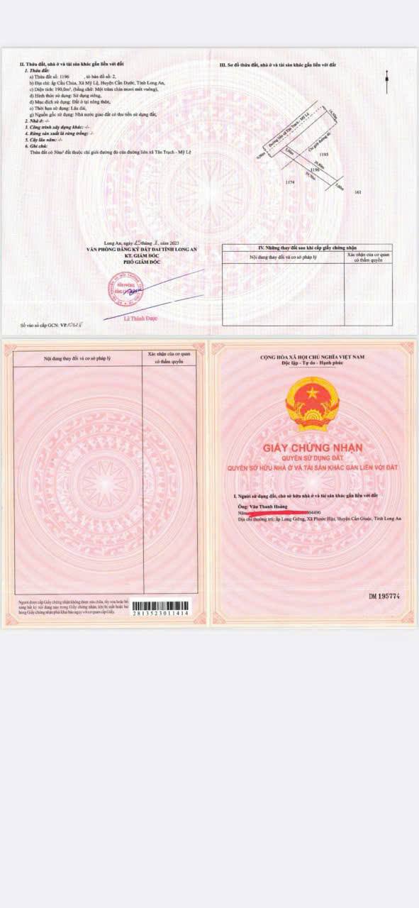 Đất thổ cư 192m² tại xã Mỹ Lệ, Cần Đước - Giá chỉ 1.25 tỷ VND, bớt lộc cho khách thiện chí!