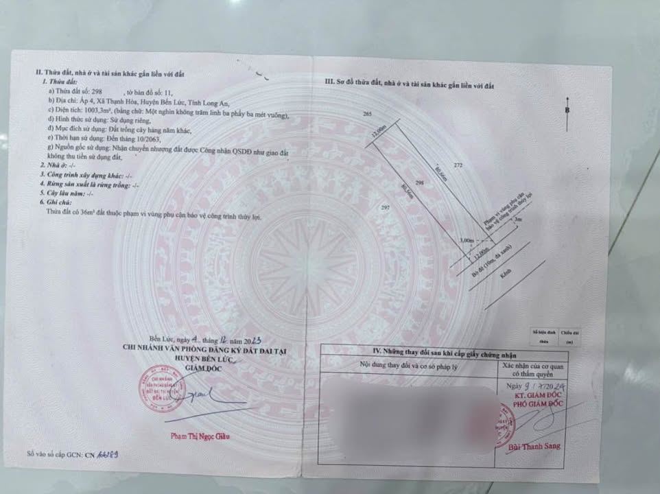 Đất vườn 1000m² xã Thạnh Lợi - Bến Lức giá 630 triệu - Sổ đỏ chính chủ