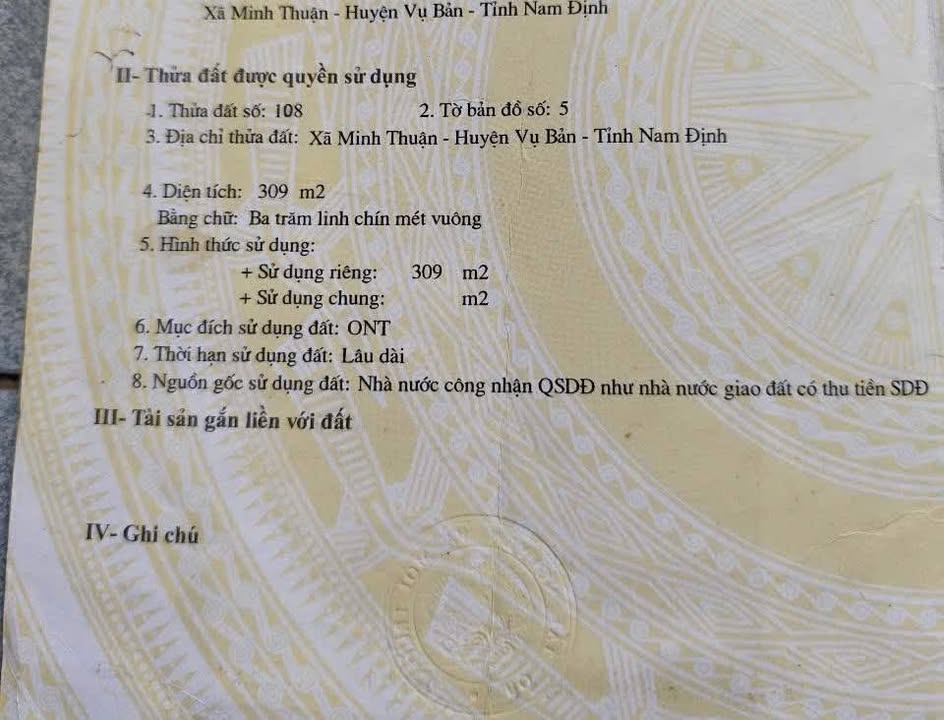 Đất nền xã Minh Thuận, huyện Vụ Bản, Nam Định 309m² - Giá chỉ 2.7 tỷ chính chủ!