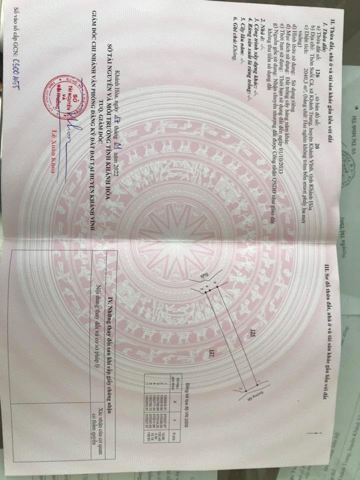 Đất thổ cư thôn Suối Cá, Khánh Trung 2040m² giá 2.2 tỷ - Cơ hội đầu tư tuyệt vời!