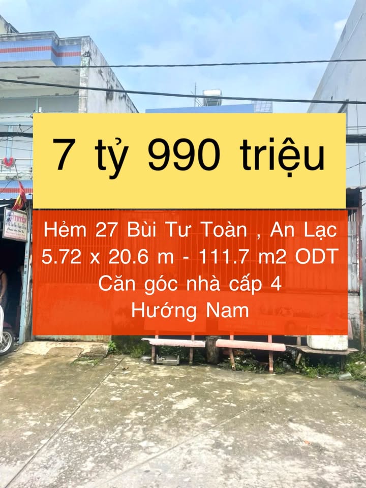 Nhà cấp 4 chính chủ tại Bùi Tư Toàn, Bình Tân 111m² giá 7.99 tỷ - Hẻm thông rộng 8m!