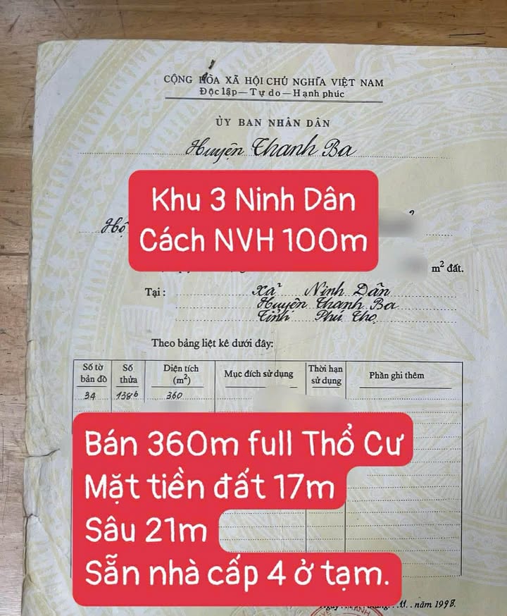 Đất thổ cư tại Ninh Dân - 360m² giá chỉ 8xx triệu - Đầu tư lý tưởng!