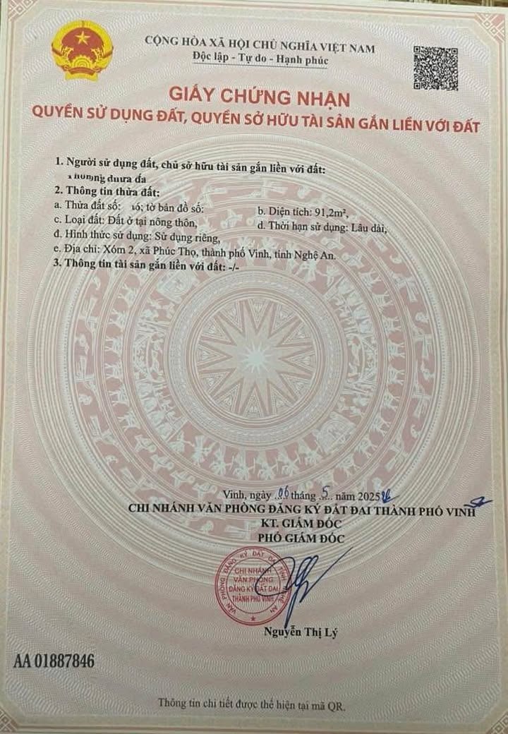 Đất Xóm 2, Phúc Thọ, Vinh 91.2m² giá 1.05 tỷ - Đầu tư tiềm năng sinh lời cao!