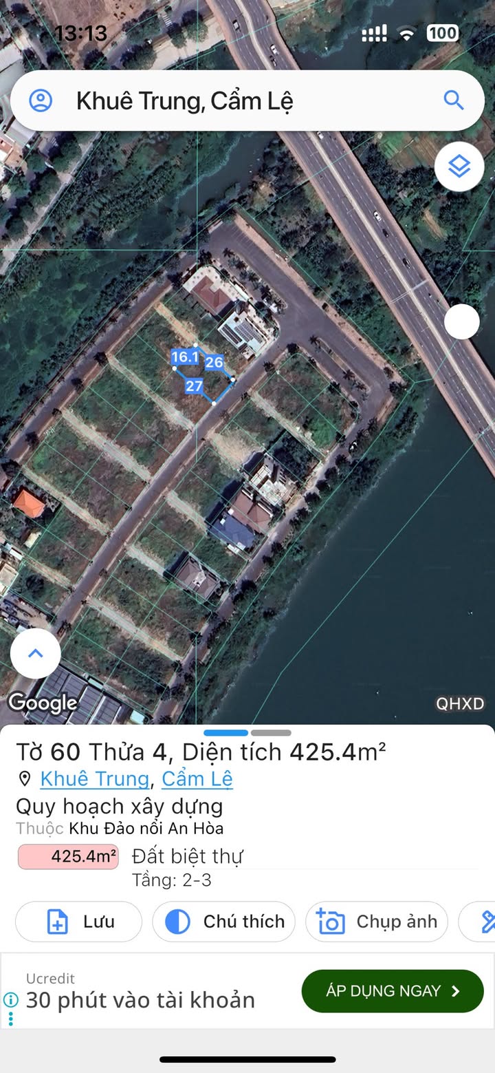 Đất biệt thự Đảo Nổi, Cẩm Lệ, Đà Nẵng 425m² giá 27.637 tỷ - Khu dân cư yên tĩnh, thoáng mát!