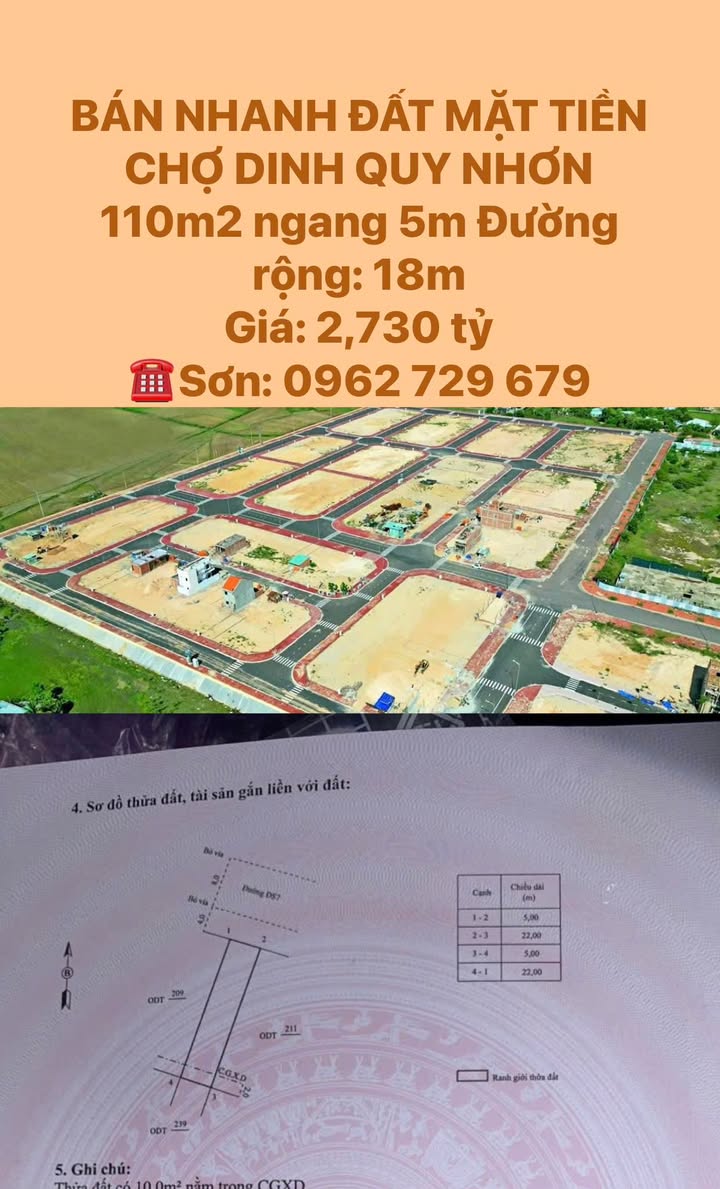 Đất mặt tiền chợ Dinh Quy Nhơn 110m² giá 2.73 tỷ - Đầu tư sinh lời hấp dẫn!