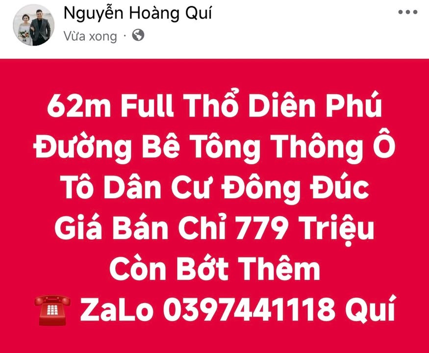 Đất thổ cư Diên Phú 62m² giá chỉ 779 triệu - Gần đường bê tông ô tô