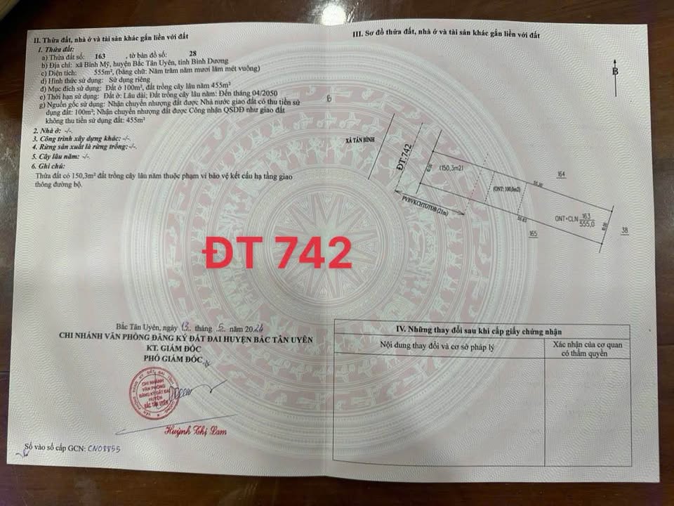 Đất nền đường ĐT742 Tân Uyên 555m² giá 5 tỷ - Cơ hội đầu tư tuyệt vời!