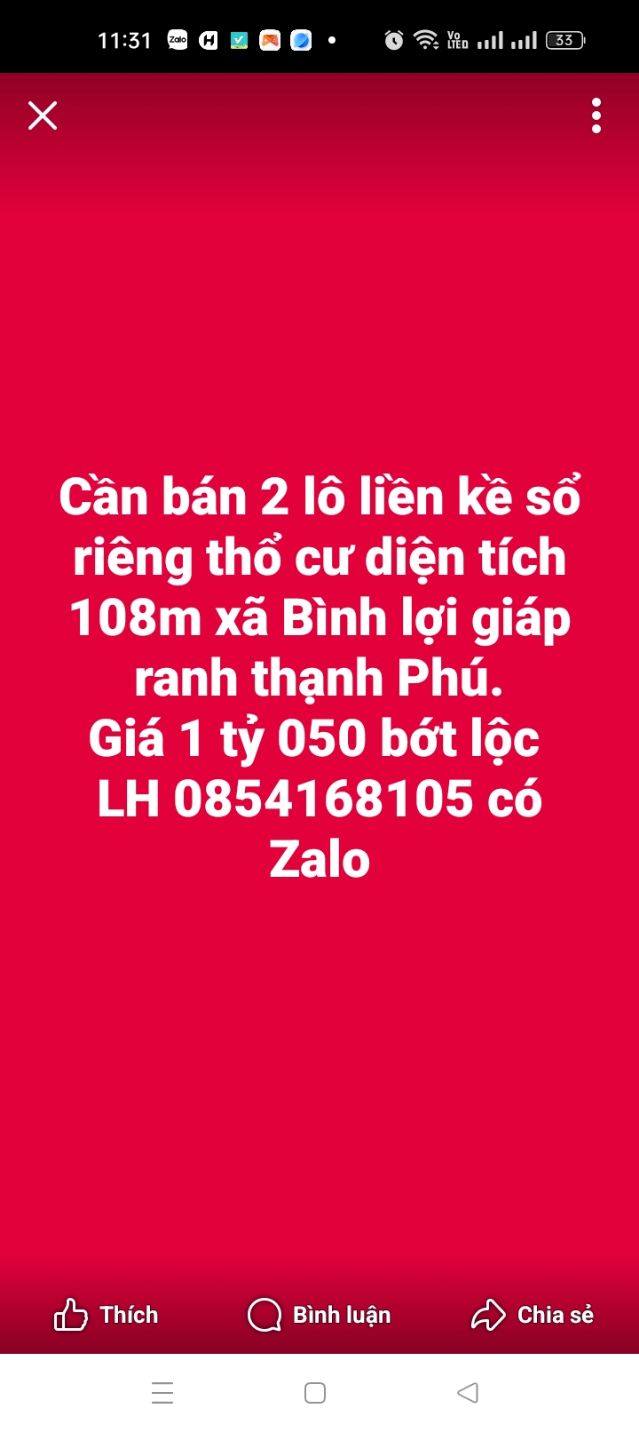 Đất nền thổ cư 108m² xã Bình Lợi, Vĩnh Cửu - Giá chỉ 1,05 tỷ, cơ hội đầu tư tốt!