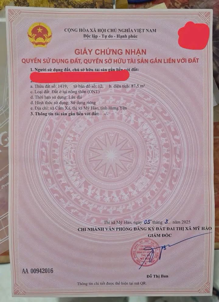 Đất nền Cẩm Xá, Mỹ Hào 87.5m² giá 3 tỷ - Cơ hội đầu tư tuyệt vời!