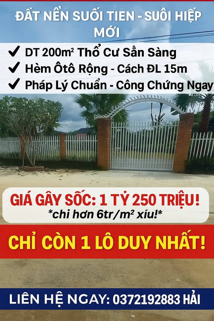 Đất nền Suối Hiệp Diên Khánh 200m² giá 1.25 tỷ - Đầu tư sinh lời ngay!