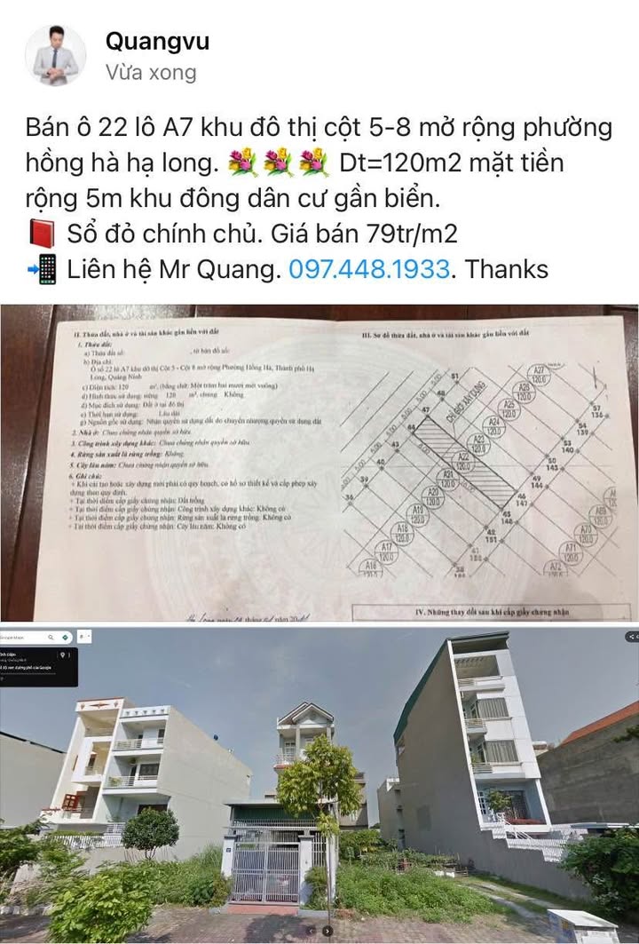 Đất nền dự án khu đô thị Cột 5-8, Hồng Hà, Hạ Long 120m² - Chính chủ, giá tốt!