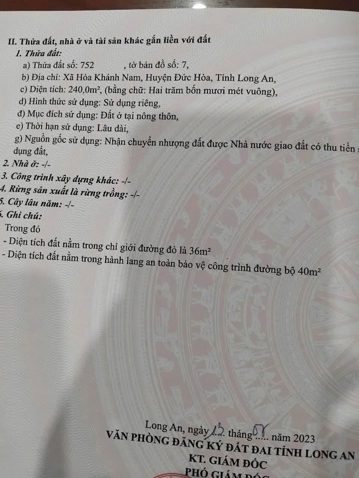 Lô đất Hòa Khánh Nam, Đức Hòa, Long An 240m² giá 1.9 tỷ - Cơ hội đầu tư sinh lời!