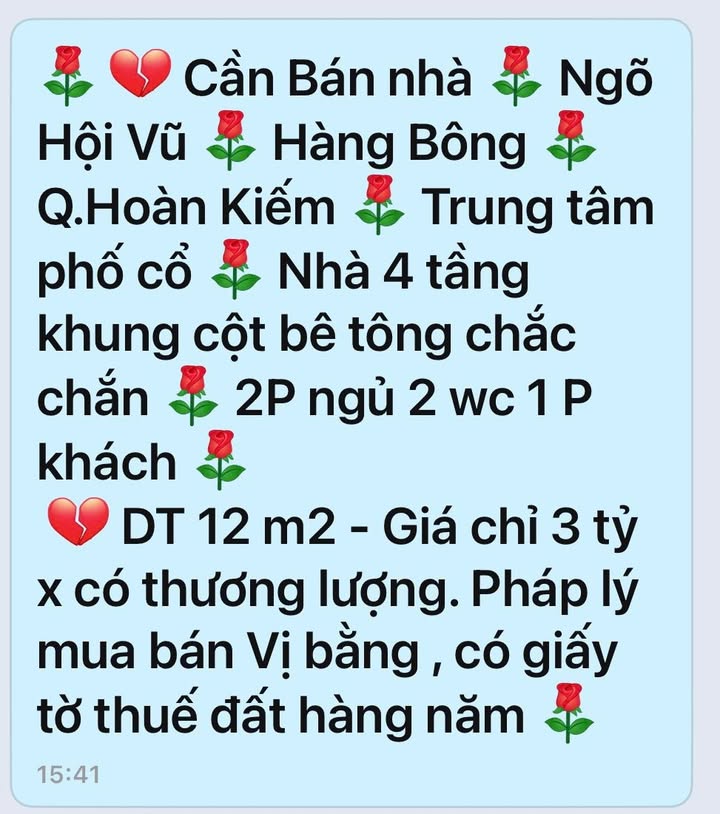Nhà 4 tầng Ngõ Hội Vũ, Hàng Bông, Q. Hoàn Kiếm 12m² giá 3 tỷ - Pháp lý rõ ràng!