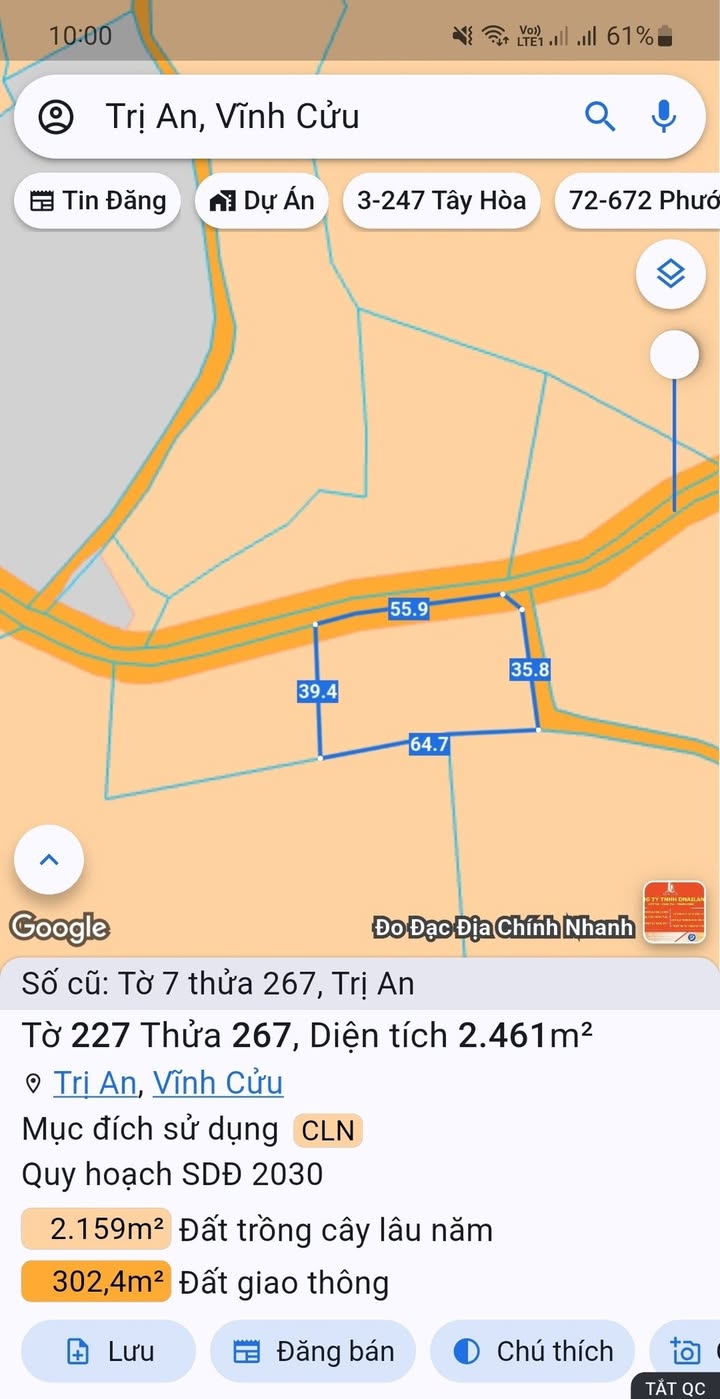 Đất nông nghiệp xã Trị An Vĩnh Cửu 2461m² giá 1.05 tỷ - Lô góc 2 mặt tiền tuyệt đẹp!