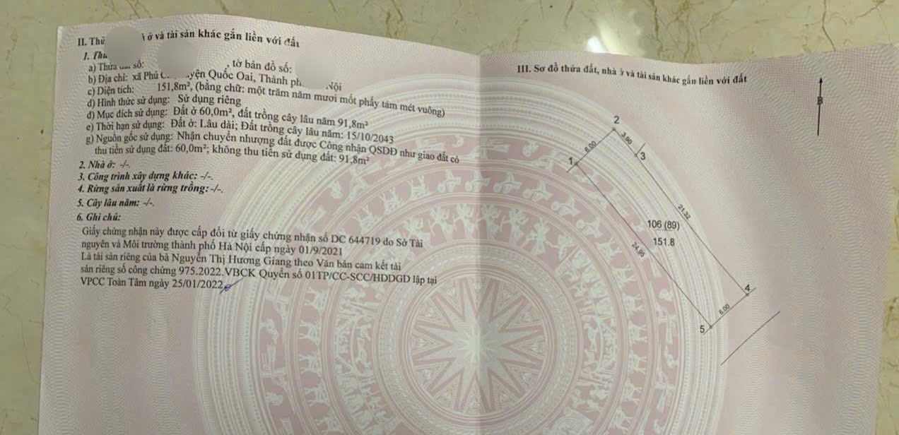 Lô đất tại xã Phú Cát, Quốc Oai 151m² giá 5 tỷ - Sổ hồng chính chủ!