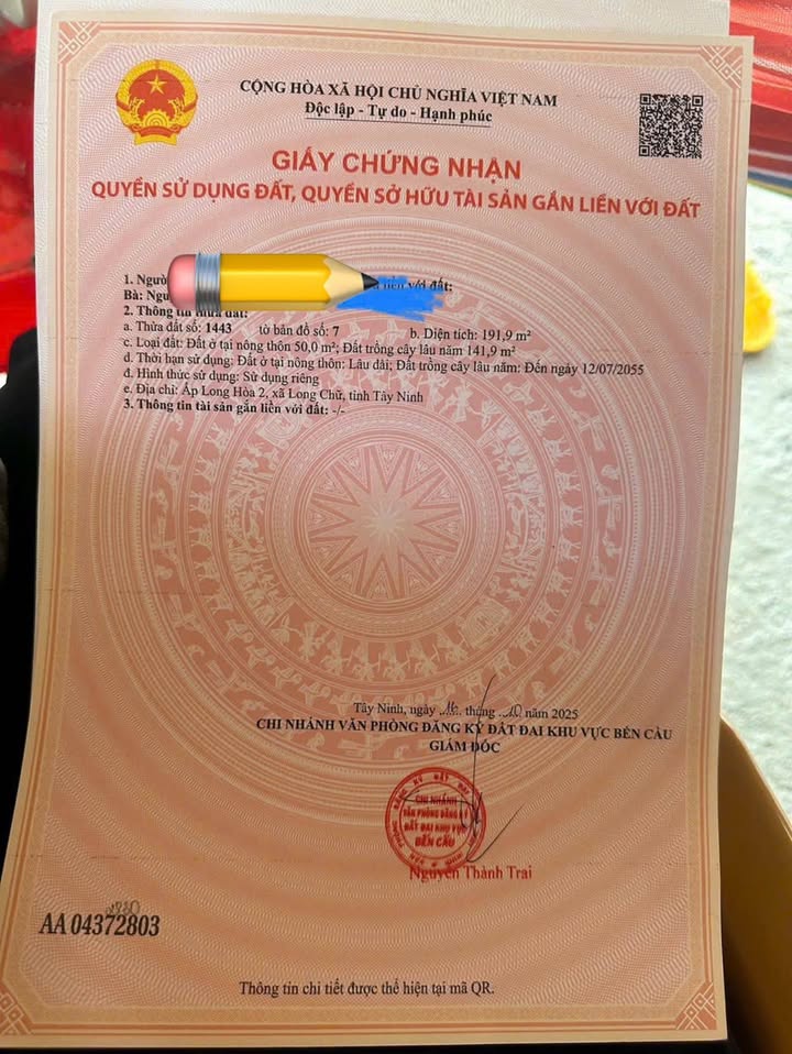 Đất nền giá rẻ 190 triệu tại xã Long Chử, Bến Cầu - Sổ hồng chính chủ