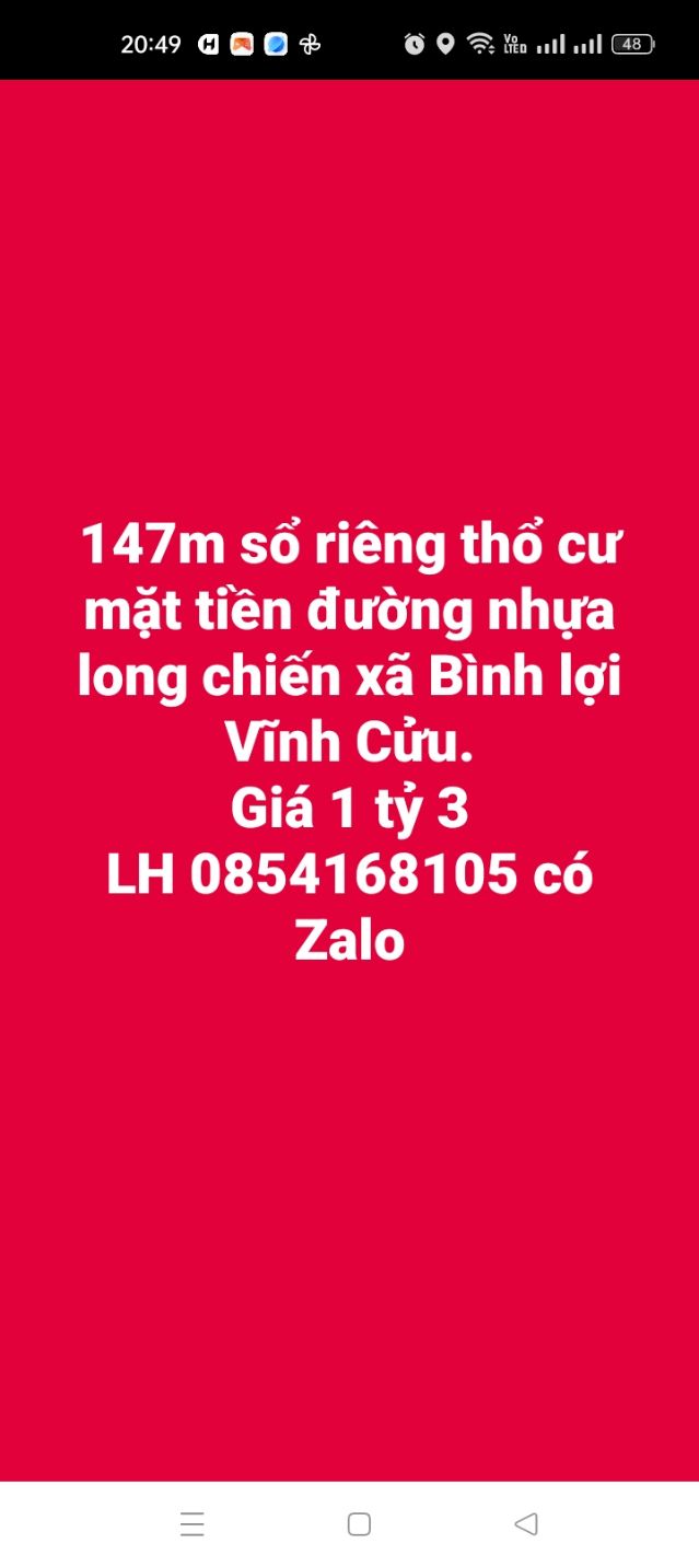 Đất thổ cư 147m² mặt tiền đường Long Chiến, xã Bình Lợi, giá 1.3 tỷ - Cơ hội đầu tư hấp dẫn!